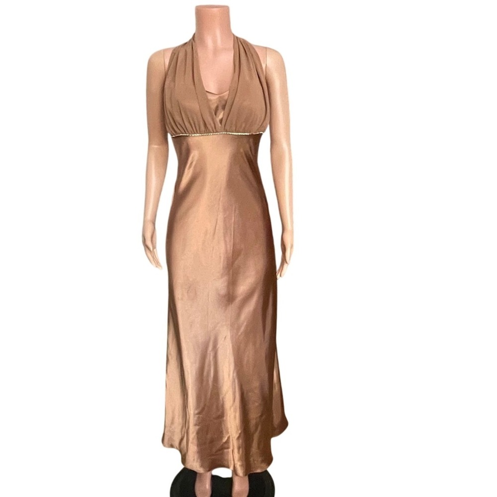 Betsy & Adam Mocha Satin Gown Size 10 Halter Evening Dress with Ruffle Back